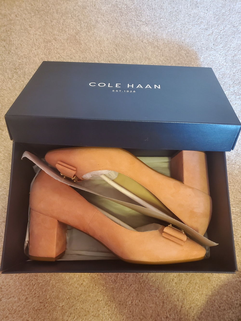 Cole Haan Tan Suede Block Heel Pumps with Bow Detail
